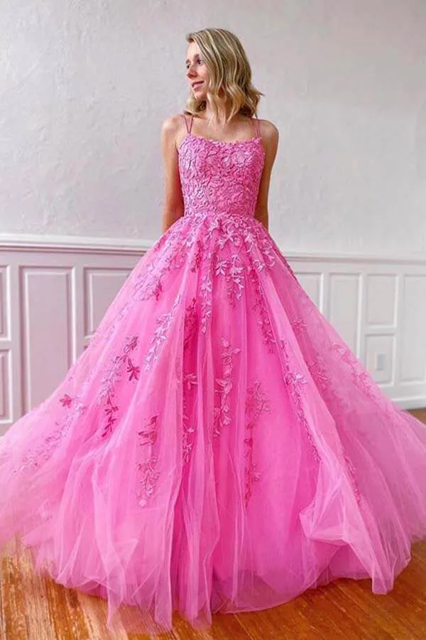 Tulle Lace Square Neck Spaghetti Straps Long Prom Dresses, Evening Dress, SP670