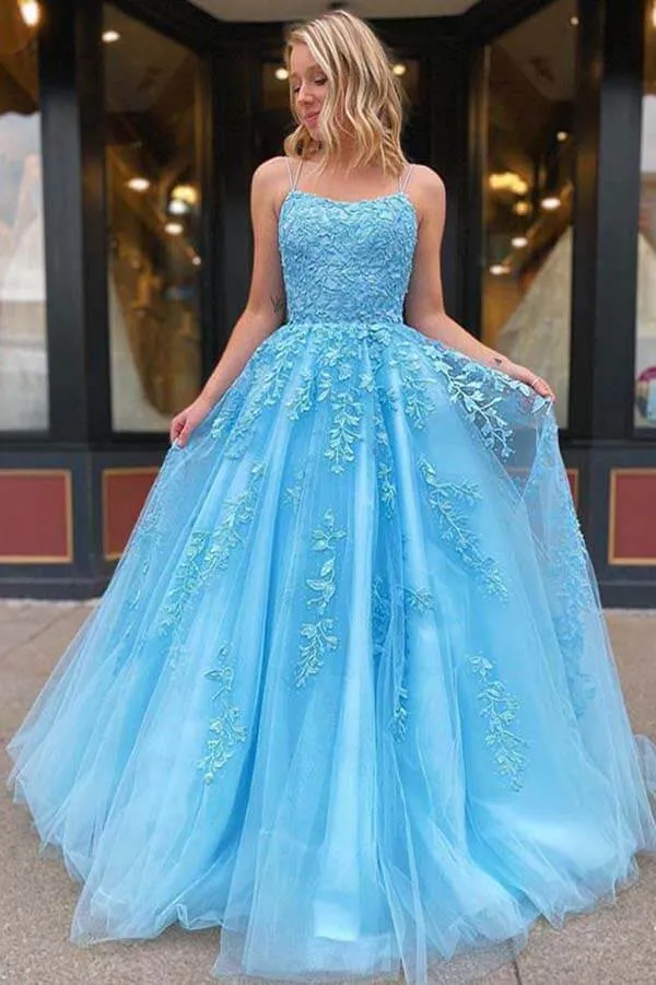 Tulle Lace Square Neck Spaghetti Straps Long Prom Dresses, Evening Dress, SP670