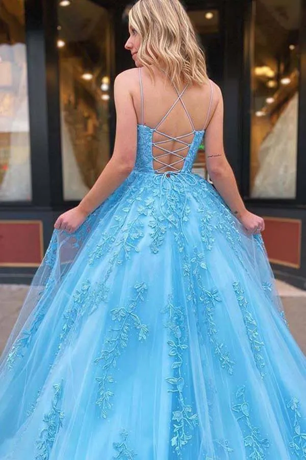 Tulle Lace Square Neck Spaghetti Straps Long Prom Dresses, Evening Dress, SP670