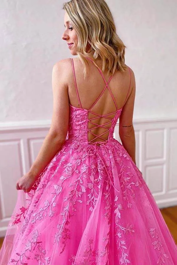 Tulle Lace Square Neck Spaghetti Straps Long Prom Dresses, Evening Dress, SP670