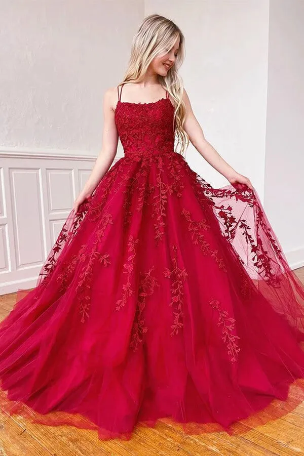 Tulle Lace Square Neck Spaghetti Straps Long Prom Dresses, Evening Dress, SP670