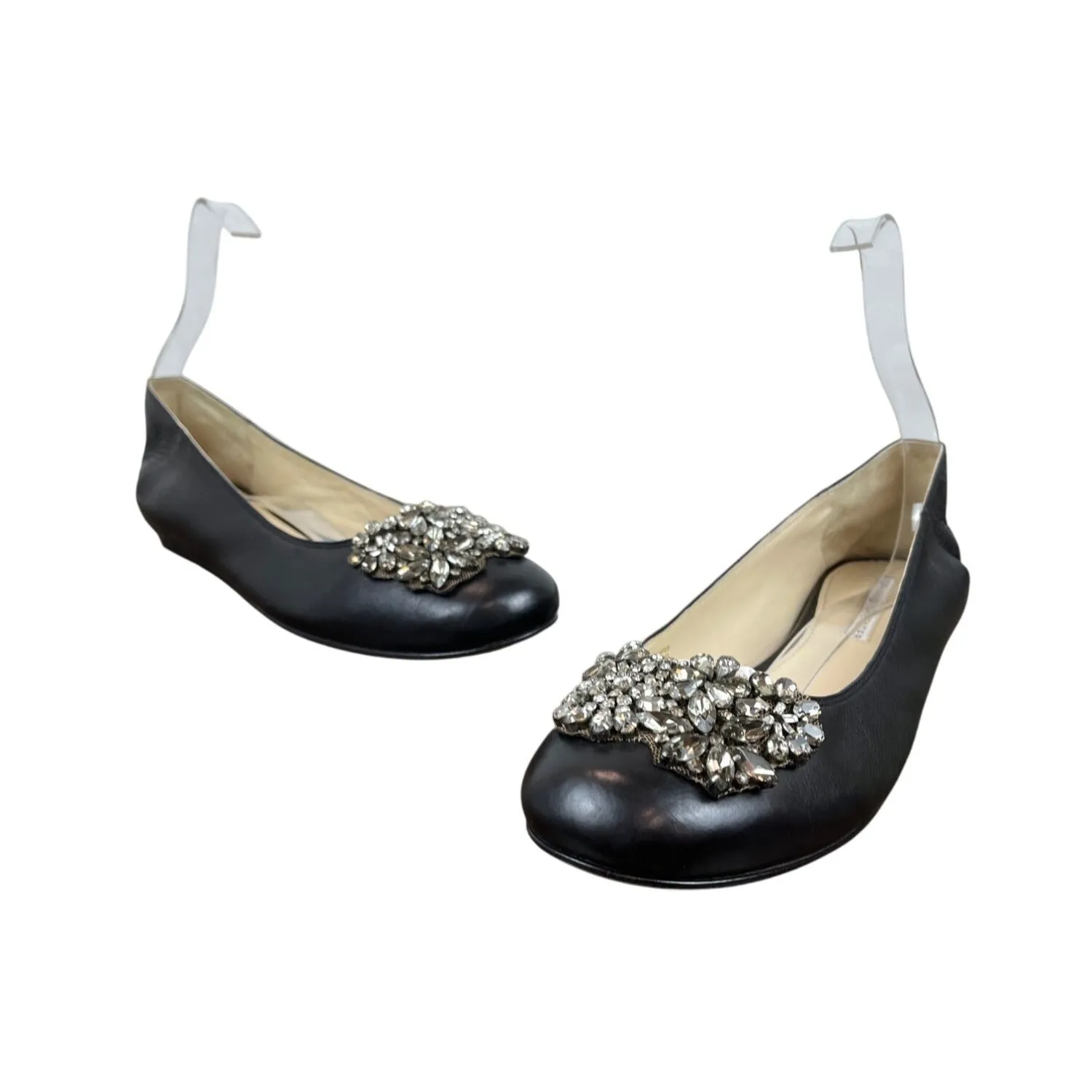 Vera Wang Lavender Women Black Calf Leather Rhinestone Embellishment Flats Sz 10