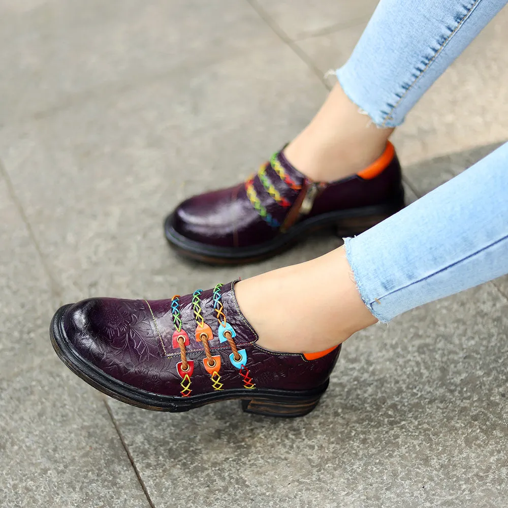 Vicconfy | Rainbow Stitch Embossed Genuine Leather Sneakers