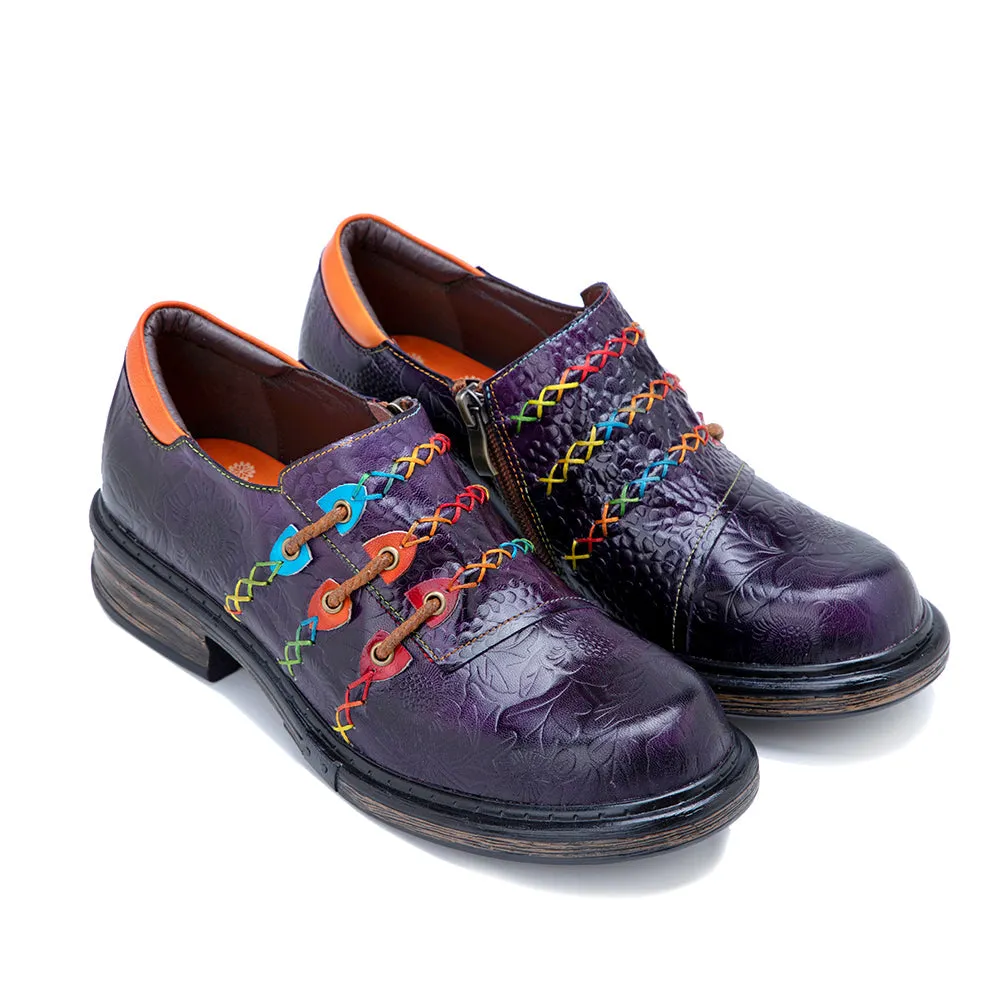 Vicconfy | Rainbow Stitch Embossed Genuine Leather Sneakers