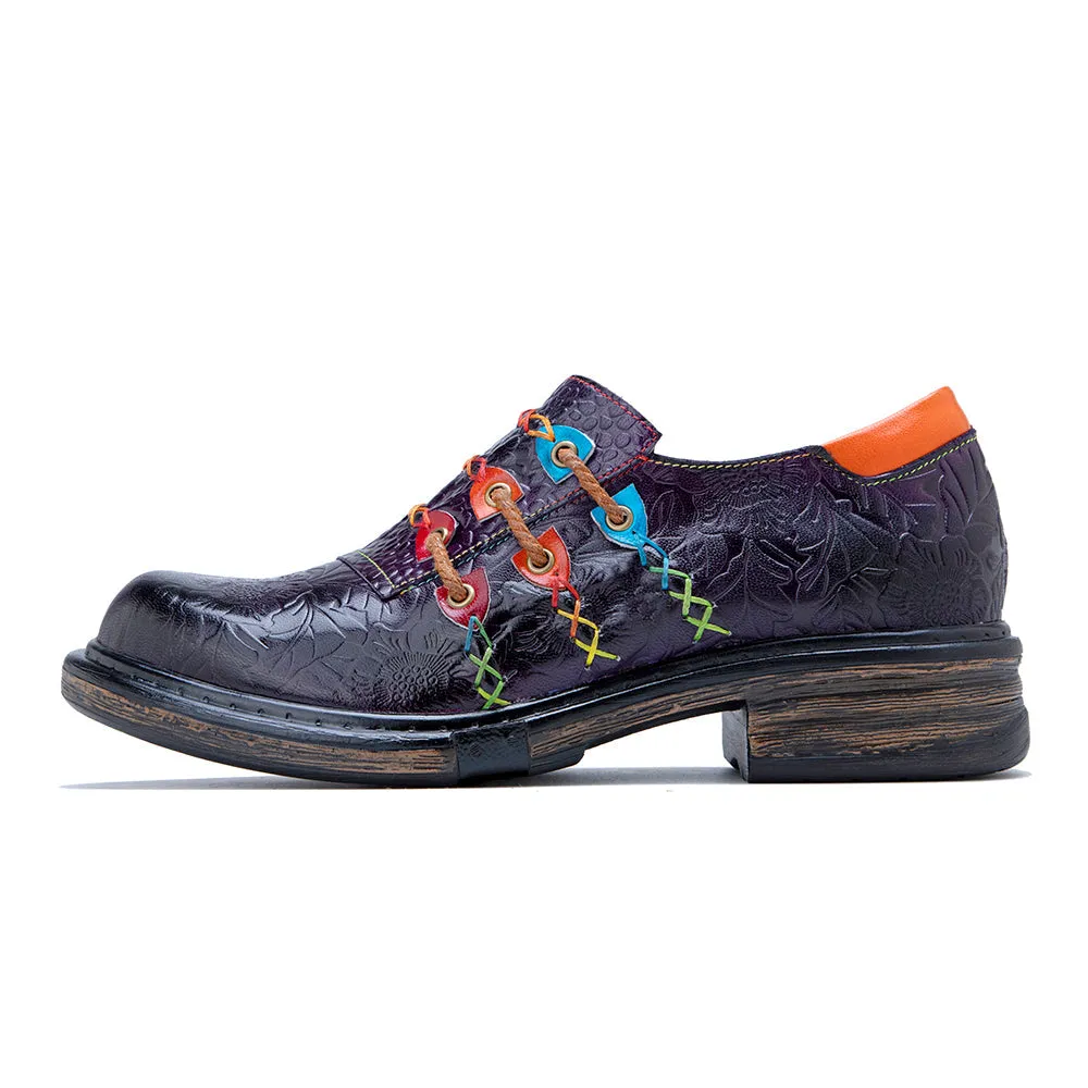 Vicconfy | Rainbow Stitch Embossed Genuine Leather Sneakers