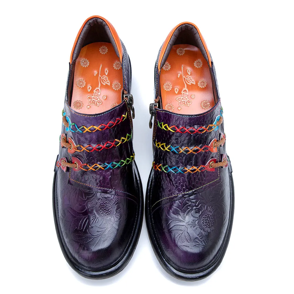 Vicconfy | Rainbow Stitch Embossed Genuine Leather Sneakers