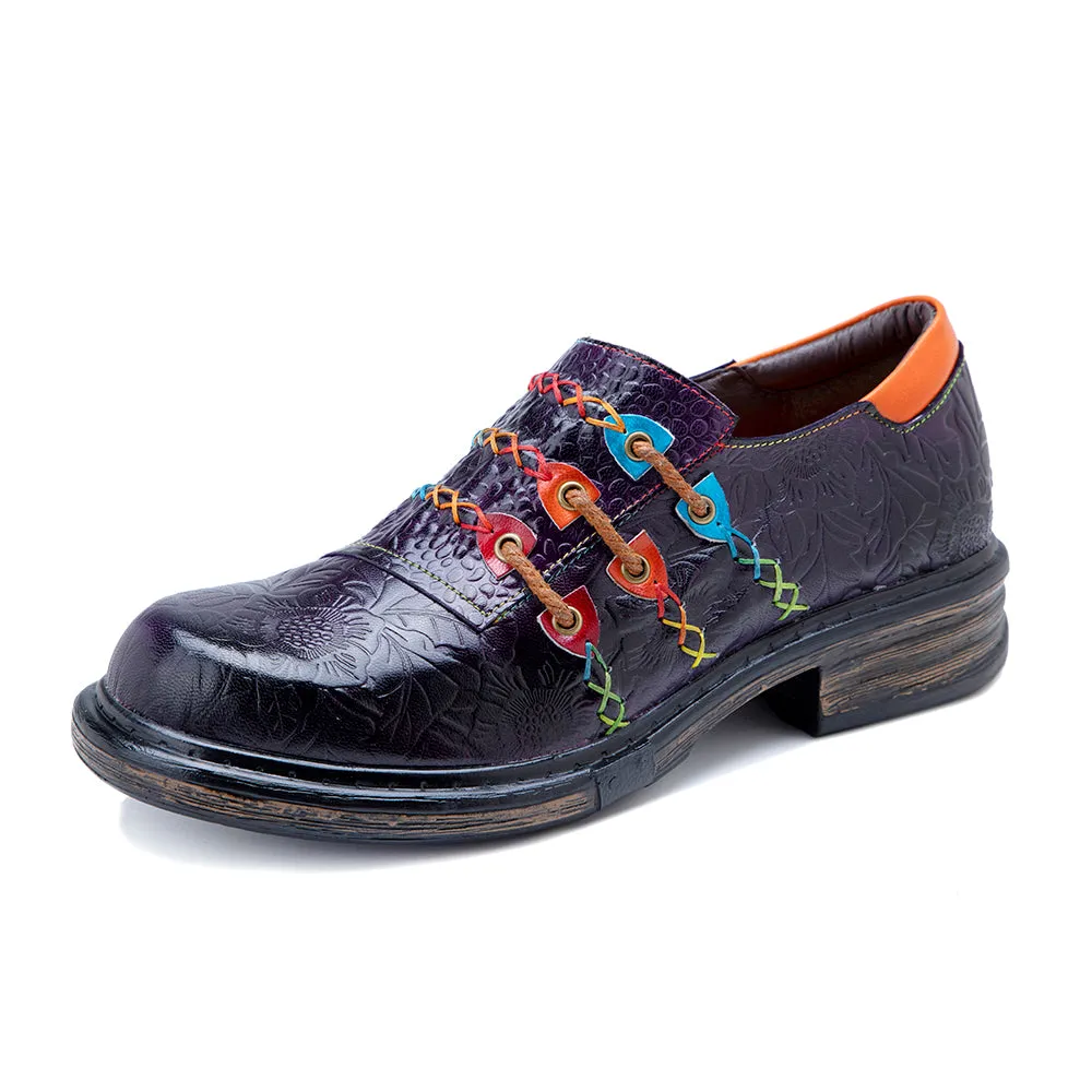 Vicconfy | Rainbow Stitch Embossed Genuine Leather Sneakers
