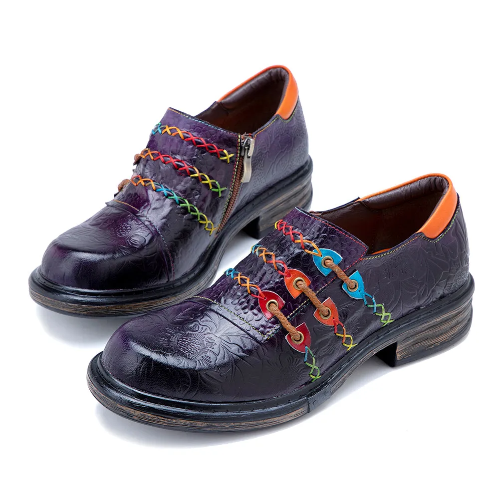 Vicconfy | Rainbow Stitch Embossed Genuine Leather Sneakers