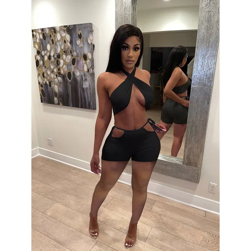 Vixen Crisscross Halter Cutout Tie Waist Shorts Set
