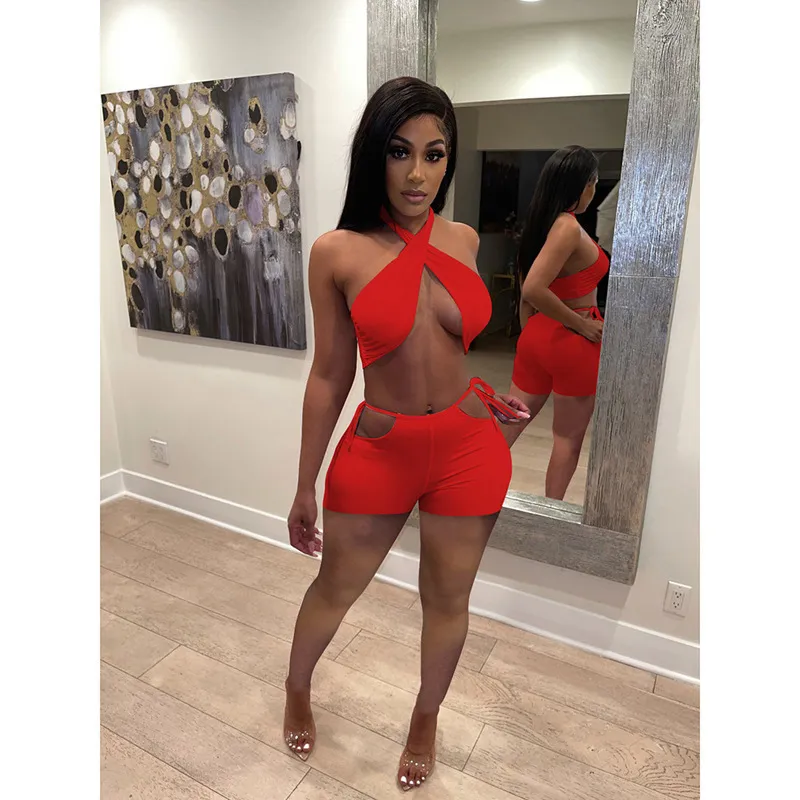 Vixen Crisscross Halter Cutout Tie Waist Shorts Set