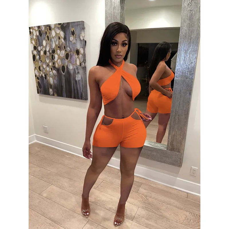 Vixen Crisscross Halter Cutout Tie Waist Shorts Set