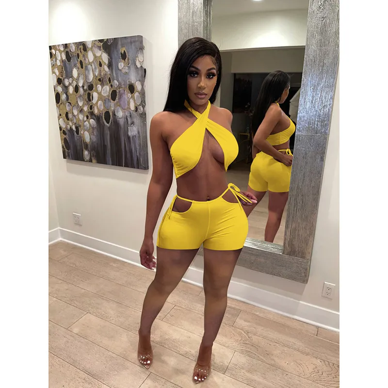 Vixen Crisscross Halter Cutout Tie Waist Shorts Set