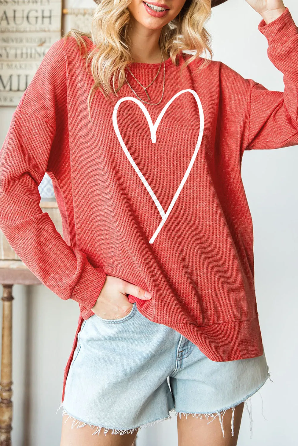 Waffle Knit Side Slit Pullover Top