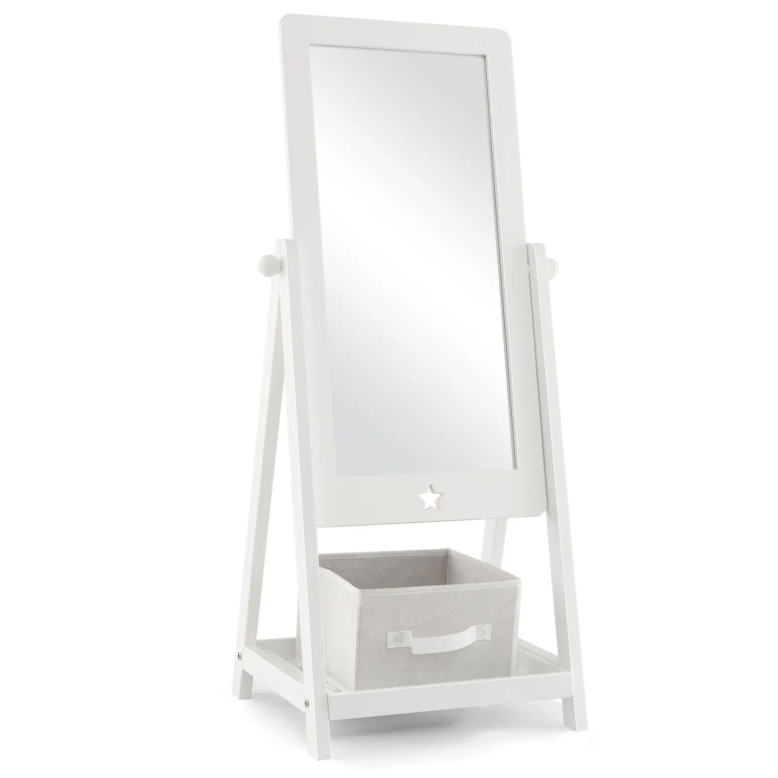 White Children's mirror | Freestanding Tilting Mirror with Storage Shelf & Bin | 3-8 Years