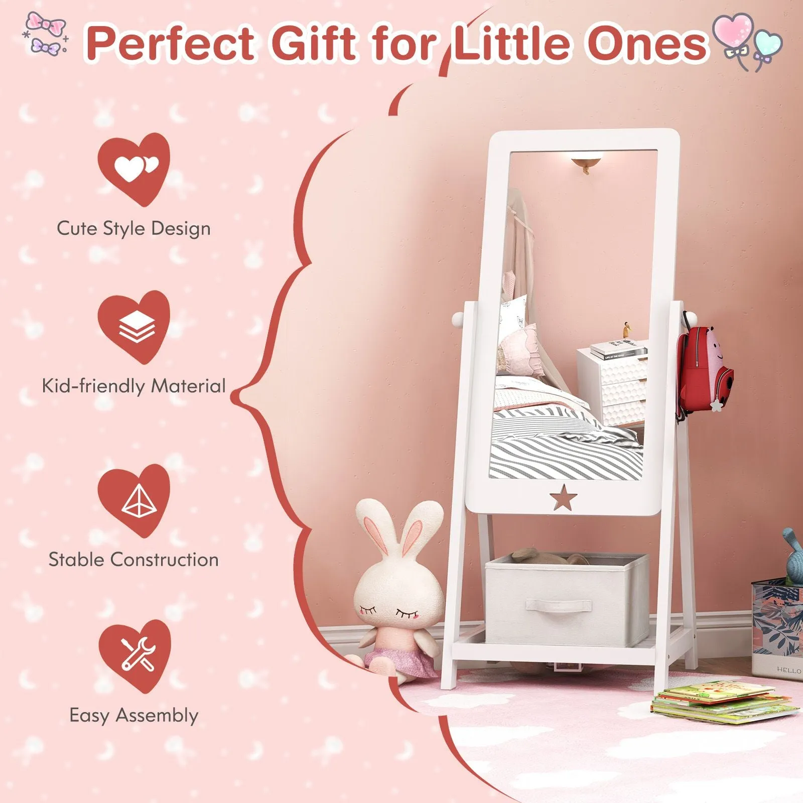 White Children's mirror | Freestanding Tilting Mirror with Storage Shelf & Bin | 3-8 Years