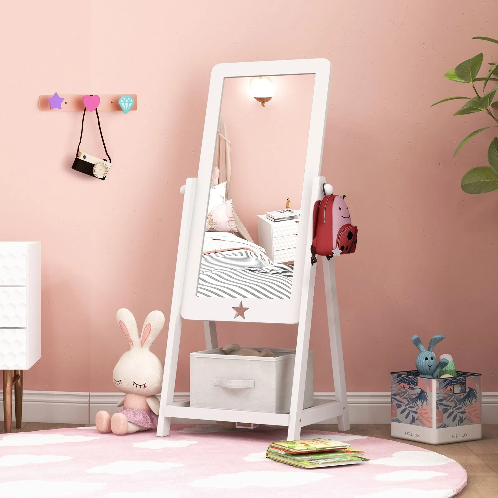 White Children's mirror | Freestanding Tilting Mirror with Storage Shelf & Bin | 3-8 Years
