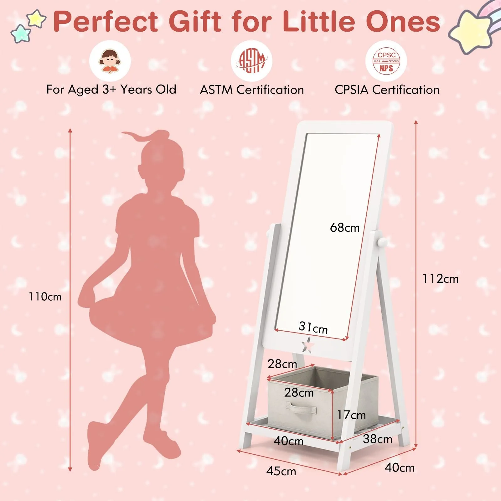 White Children's mirror | Freestanding Tilting Mirror with Storage Shelf & Bin | 3-8 Years