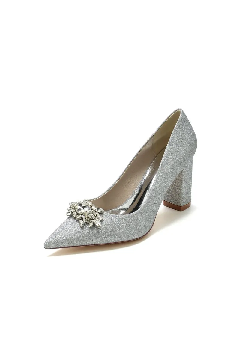 White Glitter Pointed Toe Chunky Heels With Rhinestone