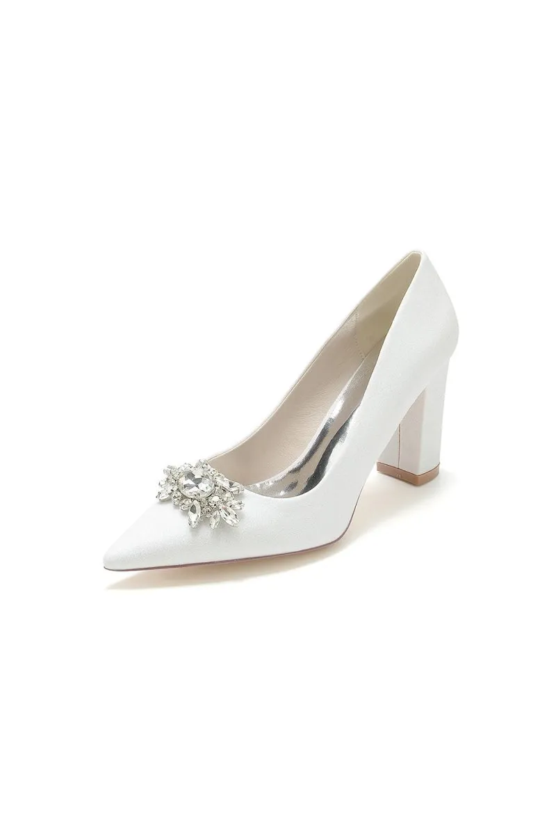 White Glitter Pointed Toe Chunky Heels With Rhinestone