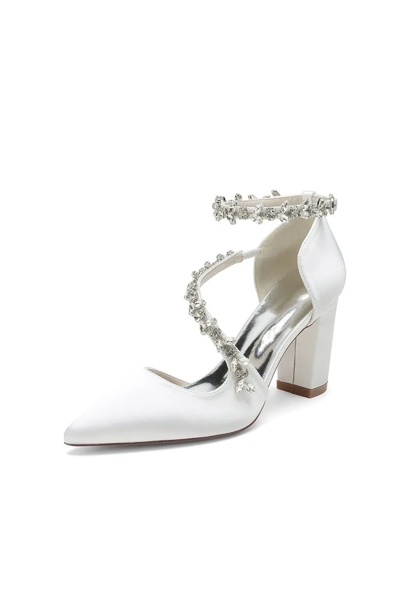 White Satin Pump with Silver Chain Accent
