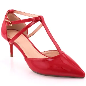 Women "ELVINE" Patent Ankle Strap Heel Cup T-Bar Stiletto Heel Sandals