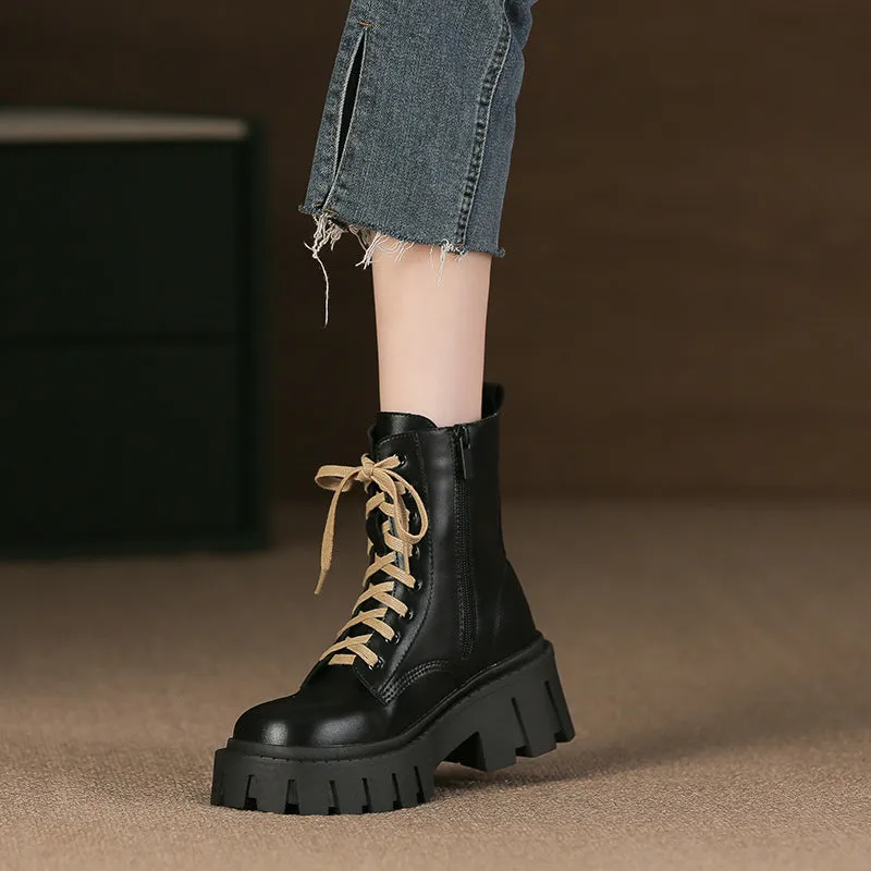 Women Retro Soft Cowhide Thick Sole Boots