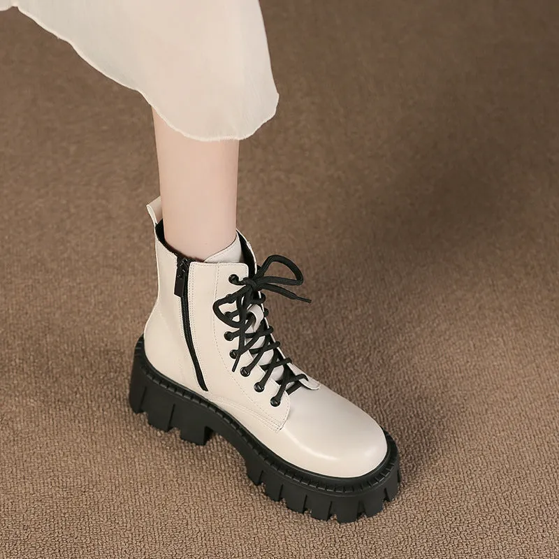 Women Retro Soft Cowhide Thick Sole Boots
