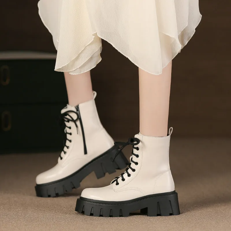 Women Retro Soft Cowhide Thick Sole Boots