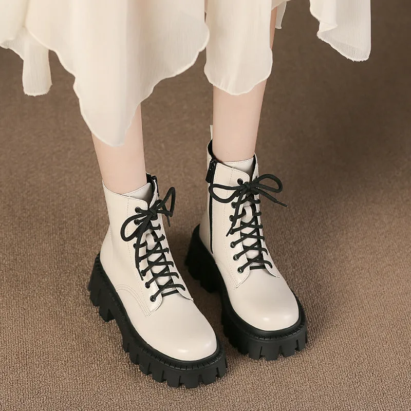Women Retro Soft Cowhide Thick Sole Boots