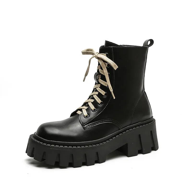 Women Retro Soft Cowhide Thick Sole Boots