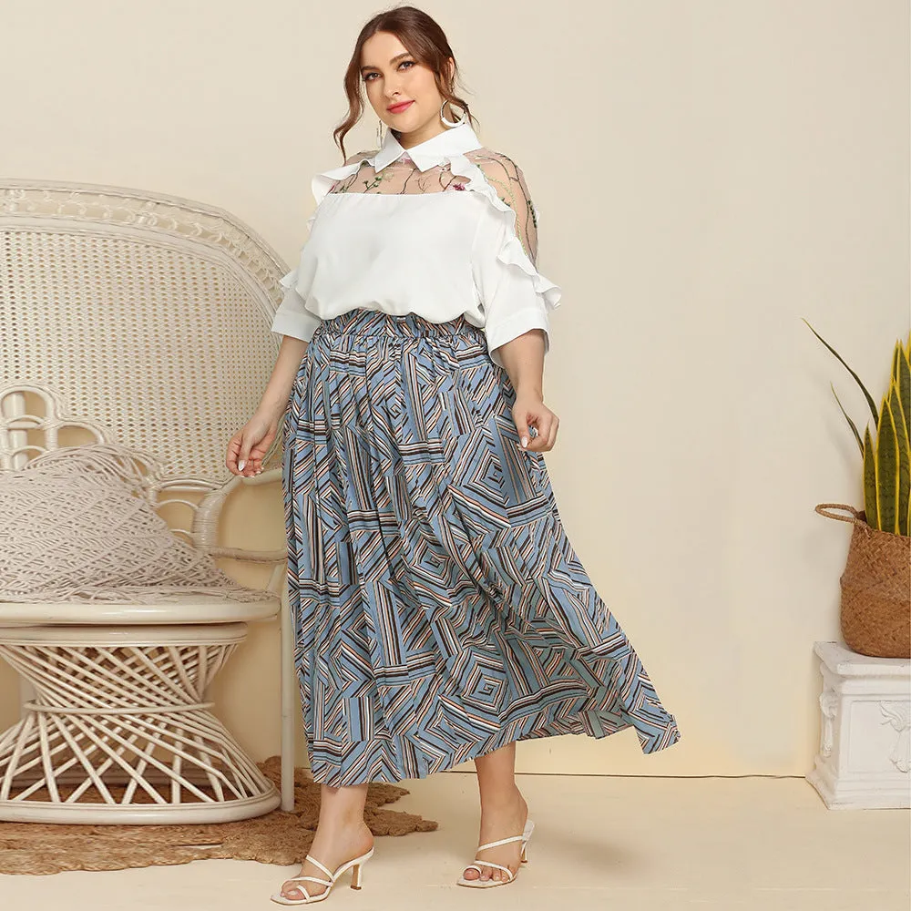 Women's Geometric Striped Maxi Skirt with Elastic Waist