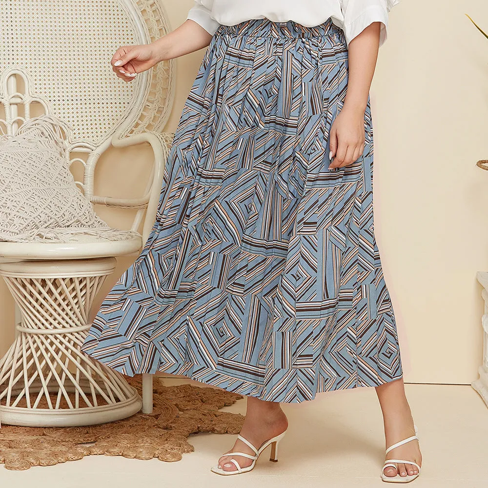 Women's Geometric Striped Maxi Skirt with Elastic Waist