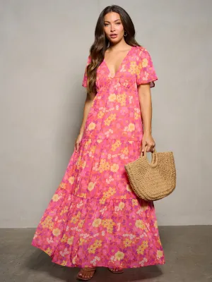 WOMEN'S SHORT RUFFLE SLEEVE V-NECK OPEN BACK FLORAL PRINT MAXI DRESS