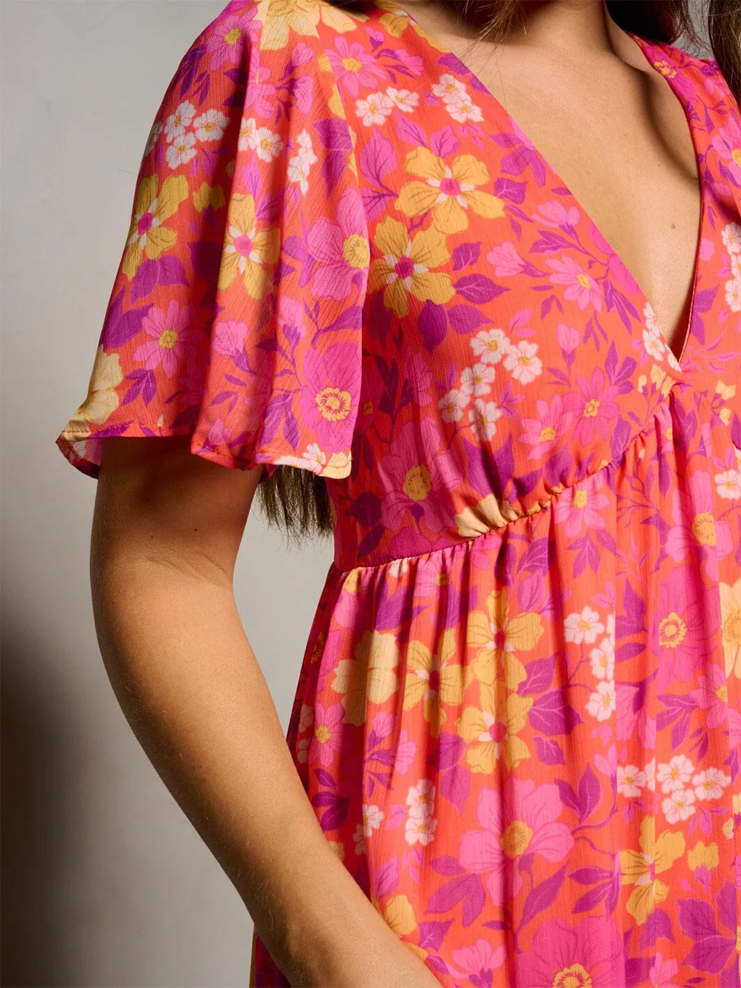 WOMEN'S SHORT RUFFLE SLEEVE V-NECK OPEN BACK FLORAL PRINT MAXI DRESS