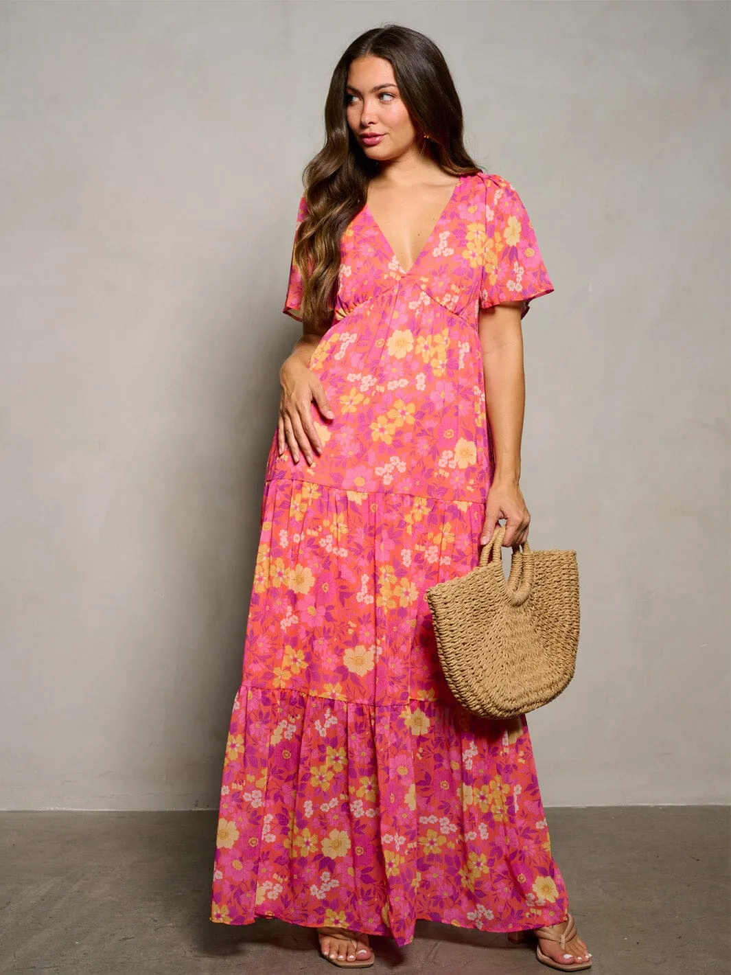 WOMEN'S SHORT RUFFLE SLEEVE V-NECK OPEN BACK FLORAL PRINT MAXI DRESS