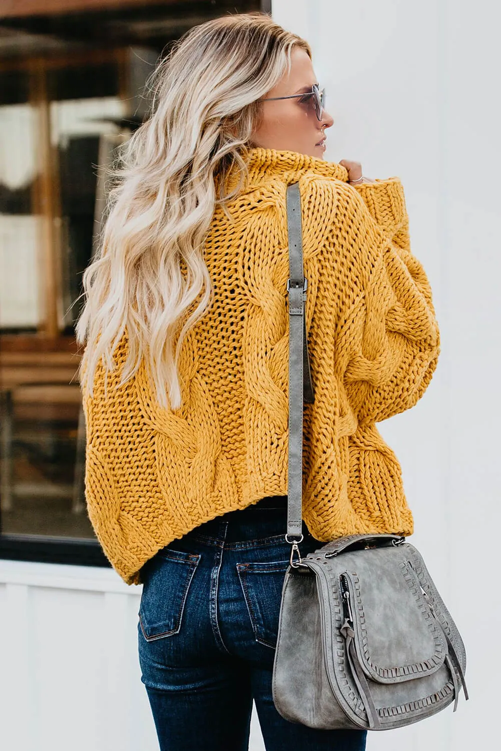 Yellow Cuddle Weather Cable Knit Handmade Turtleneck Sweater