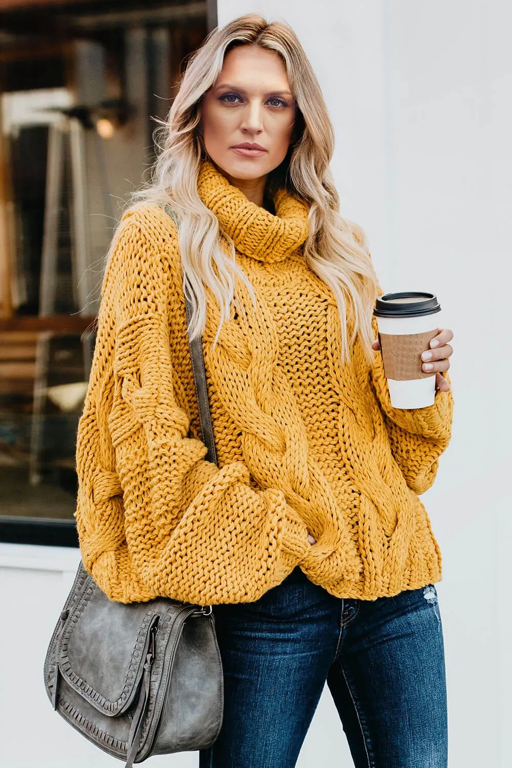 Yellow Cuddle Weather Cable Knit Handmade Turtleneck Sweater