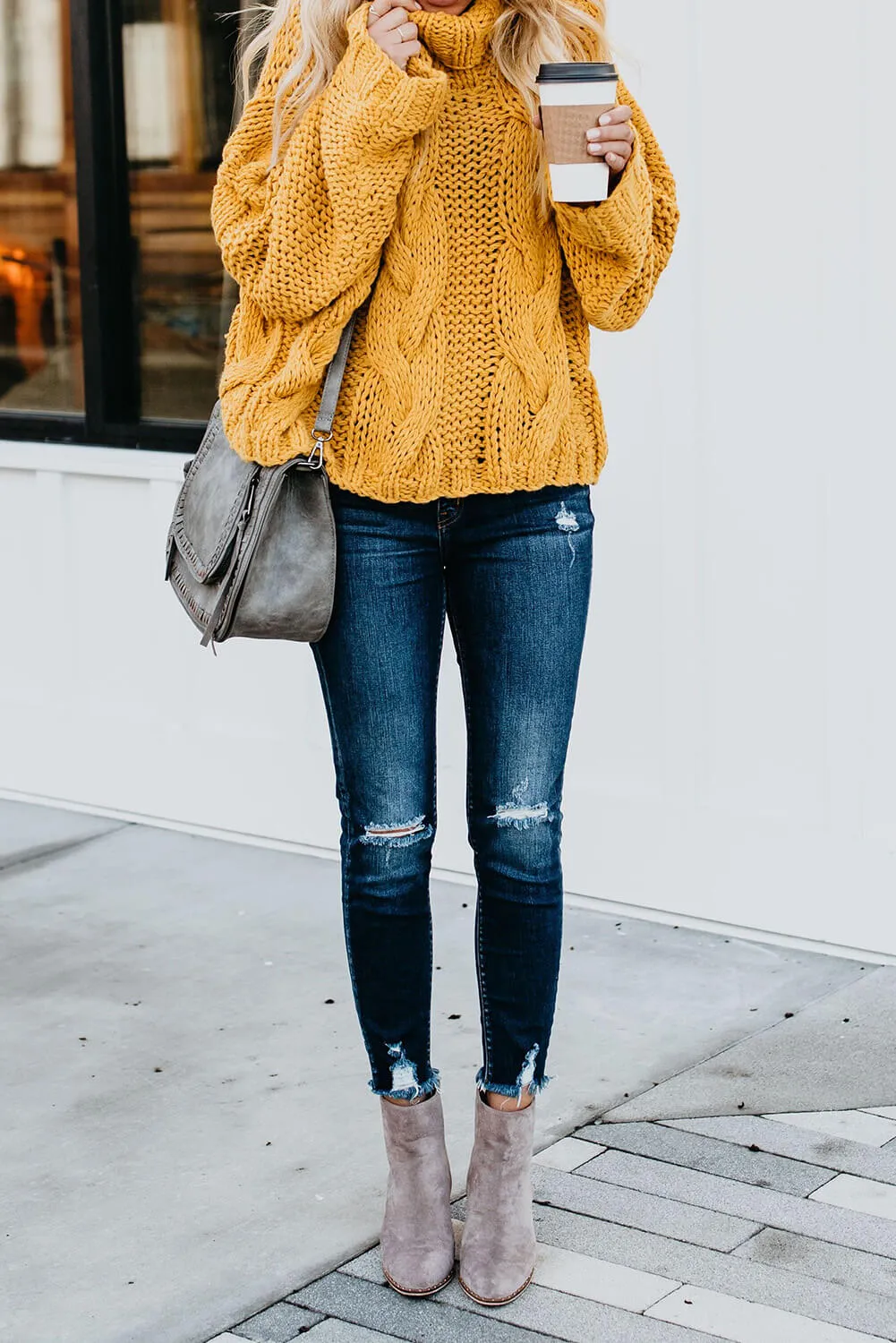 Yellow Cuddle Weather Cable Knit Handmade Turtleneck Sweater