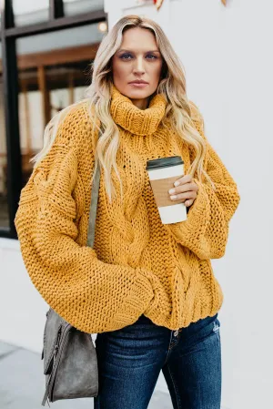 Yellow Cuddle Weather Cable Knit Handmade Turtleneck Sweater
