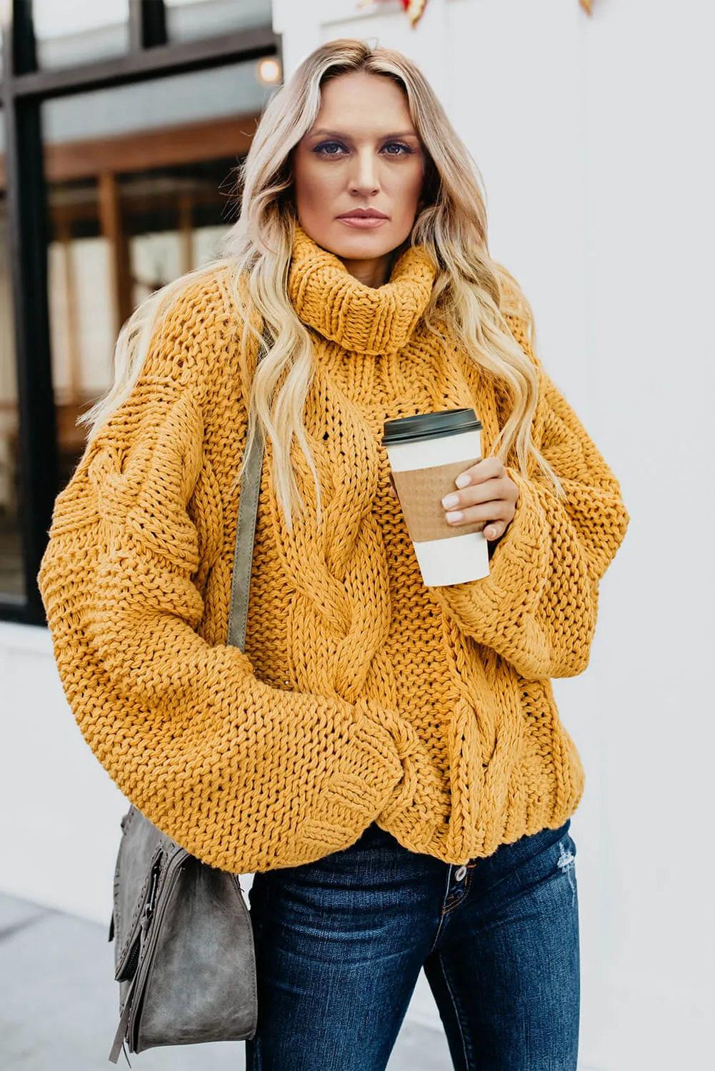 Yellow Cuddle Weather Cable Knit Handmade Turtleneck Sweater